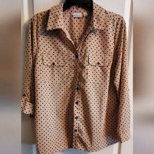 Kim Rogers tan with black polka dots roll tab sleeve blouse